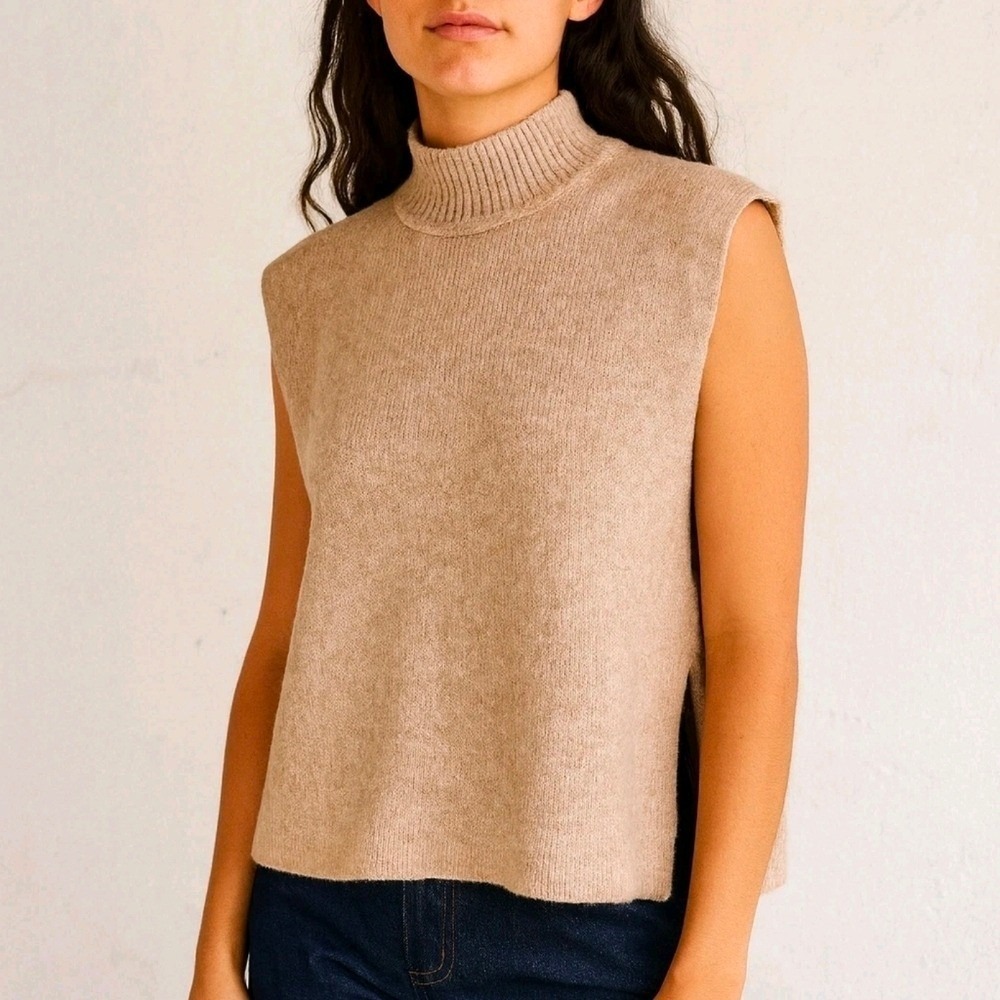 LOFT Beige Mock Neck Wool Ribbed Sleeveless Sweater Vest One Size Large Preppy